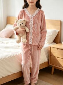 Girls' Fleece Pajama Set With Lace Trim, Ribbon Bow, V-Neck Long Sleeve Top And Long Pants, Casual Cute Fairy Loungewear Lounge Dusty Pink Autumn - Multicolor - View 5