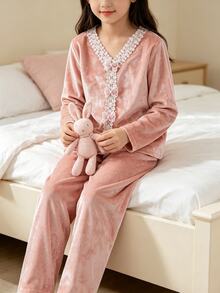 Girls' Fleece Pajama Set With Lace Trim, Ribbon Bow, V-Neck Long Sleeve Top And Long Pants, Casual Cute Fairy Loungewear Lounge Dusty Pink Autumn - Multicolor - View 4