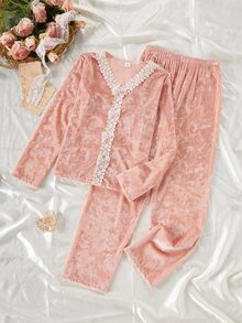 Girls' Fleece Pajama Set With Lace Trim, Ribbon Bow, V-Neck Long Sleeve Top And Long Pants, Casual Cute Fairy Loungewear Lounge Dusty Pink Autumn - Multicolor - View 7