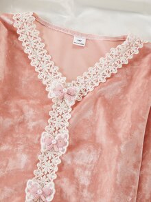 Girls' Fleece Pajama Set With Lace Trim, Ribbon Bow, V-Neck Long Sleeve Top And Long Pants, Casual Cute Fairy Loungewear Lounge Dusty Pink Autumn - Multicolor - View 9