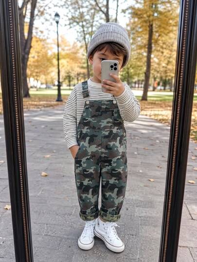 SHEIN Kids Young Girl, Young Boys Casual Fashion Camouflage Overalls Jumpsuit