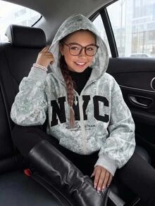 SHEIN 青少年女孩針織花卉與字母印花連帽雙口袋前開襟休閒運動衫 - 彩色 - 查看 1