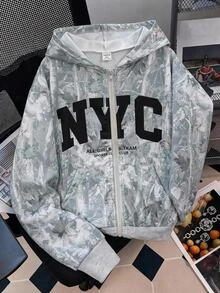 SHEIN 青少年女孩針織花卉與字母印花連帽雙口袋前開襟休閒運動衫 - 彩色 - 查看 2
