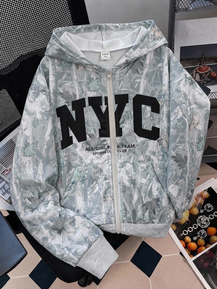 SHEIN Tween Girl Knitted Floral & Letter Print Hooded Double Pocket Open Front Casual Sweatshirt - Multicolor - View 1