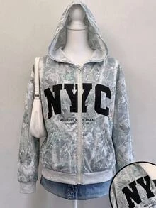 SHEIN 青少年女孩針織花卉與字母印花連帽雙口袋前開襟休閒運動衫 - 彩色 - 查看 3