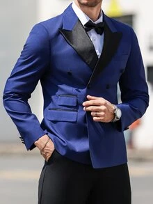 Manfinity Mode Men's Solid Color Suit Jacket, Fashionable For Summer - Navy Blue - View 4