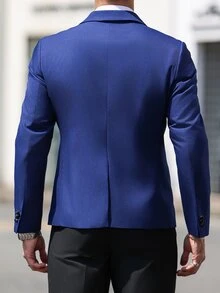 Manfinity Mode Men's Solid Color Suit Jacket, Fashionable For Summer - Navy Blue - View 7