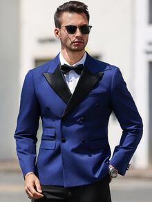 Manfinity Mode Men's Solid Color Suit Jacket, Fashionable For Summer - Navy Blue - View 1