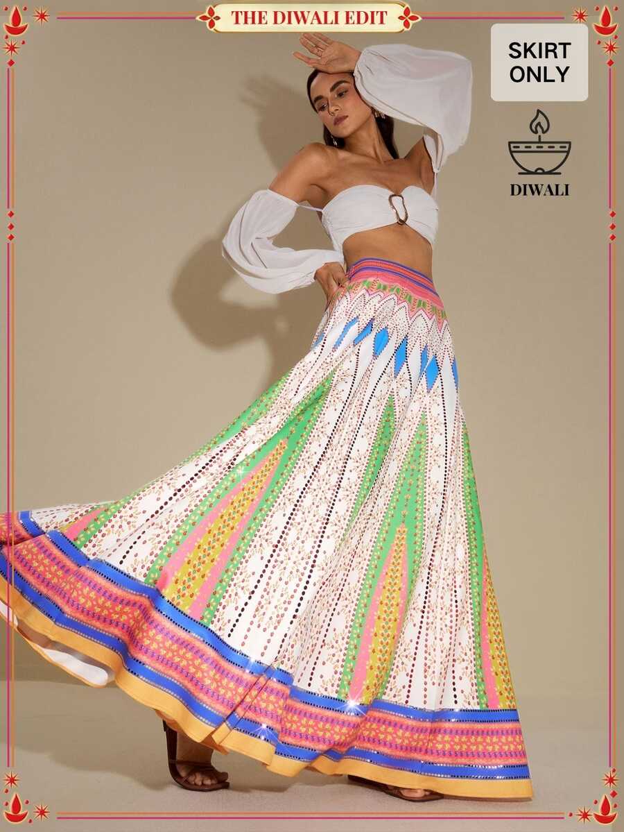 LOTSLUV Women's Green And White Printed A-Line Skirt, Suitable For Spring/Summer Vacation Bali Vacation Boho - Multicolor - View 1