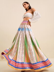 LOTSLUV Women's Green And White Printed A-Line Skirt, Suitable For Spring/Summer Vacation Bali Vacation Boho - Multicolor - View 4