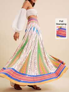 LOTSLUV Women's Green And White Printed A-Line Skirt, Suitable For Spring/Summer Vacation Bali Vacation Boho - Multicolor - View 6