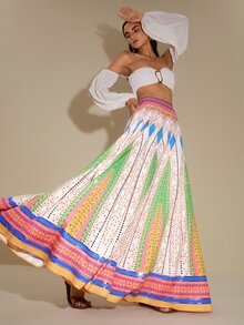 LOTSLUV Women's Green And White Printed A-Line Skirt, Suitable For Spring/Summer Vacation Bali Vacation Boho - Multicolor - View 8