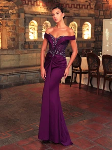 Glamrae Sexy Purple Stretch Sequin Sequins Off Shoulder Sweetheart Draped Ruched Bodycon Mermaid Train Wedding Guest Prom Ball Formal Summer Evening Gown - Dark Purple - View 6