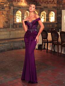 Glamrae Sexy Purple Stretch Sequin Sequins Off Shoulder Sweetheart Draped Ruched Bodycon Mermaid Train Wedding Guest Prom Ball Formal Summer Evening Gown - Dark Purple - View 7