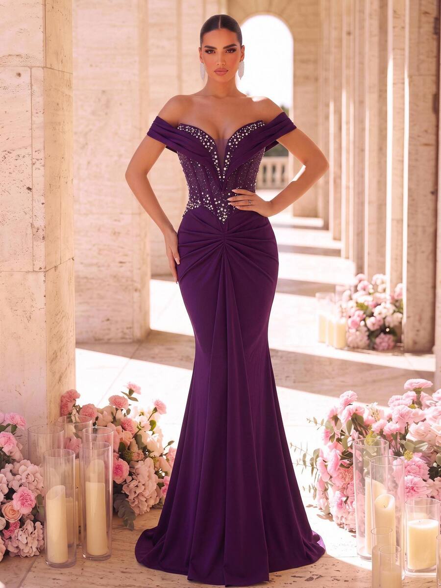 Glamrae Sexy Purple Stretch Sequin Sequins Off Shoulder Sweetheart Draped Ruched Bodycon Mermaid Train Wedding Guest Prom Ball Formal Summer Evening Gown - Dark Purple - View 1