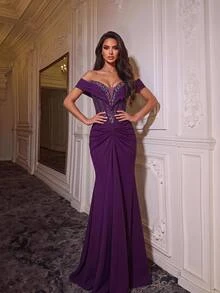 Glamrae Sexy Purple Stretch Sequin Sequins Off Shoulder Sweetheart Draped Ruched Bodycon Mermaid Train Wedding Guest Prom Ball Formal Summer Evening Gown - Dark Purple - View 3
