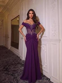 Glamrae Sexy Purple Stretch Sequin Sequins Off Shoulder Sweetheart Draped Ruched Bodycon Mermaid Train Wedding Guest Prom Ball Formal Summer Evening Gown - Dark Purple - View 4