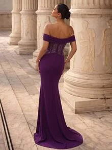 Glamrae Sexy Purple Stretch Sequin Sequins Off Shoulder Sweetheart Draped Ruched Bodycon Mermaid Train Wedding Guest Prom Ball Formal Summer Evening Gown - Dark Purple - View 5