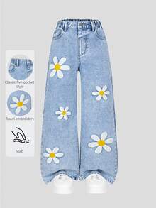 SHEIN 青少年女孩淺藍色花卉刺繡牛仔褲，可愛校園夏季Y2K休閒風，寬鬆寬腿舒適棉質長褲，日常穿著度假款 - 淺色水洗藍 - 查看 9