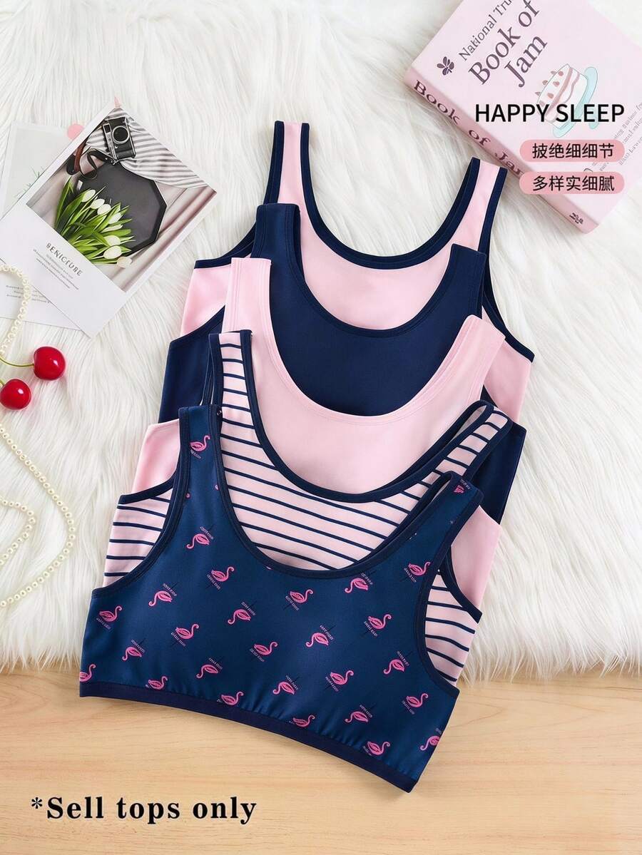 5pcs/Set Girls Big Tween Girl Flamingo Contrast Color Minimalist Basic Print Cute Sweet Blue Strap Padded Tank Tops, Comfortable Soft Wearable - Multicolor - View 1