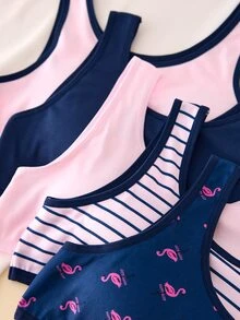 5pcs/Set Girls Big Tween Girl Flamingo Contrast Color Minimalist Basic Print Cute Sweet Blue Strap Padded Tank Tops, Comfortable Soft Wearable - Multicolor - View 5
