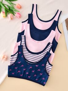 5pcs/Set Girls Big Tween Girl Flamingo Contrast Color Minimalist Basic Print Cute Sweet Blue Strap Padded Tank Tops, Comfortable Soft Wearable - Multicolor - View 2