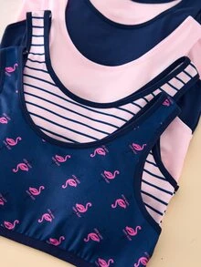 5pcs/Set Girls Big Tween Girl Flamingo Contrast Color Minimalist Basic Print Cute Sweet Blue Strap Padded Tank Tops, Comfortable Soft Wearable - Multicolor - View 3