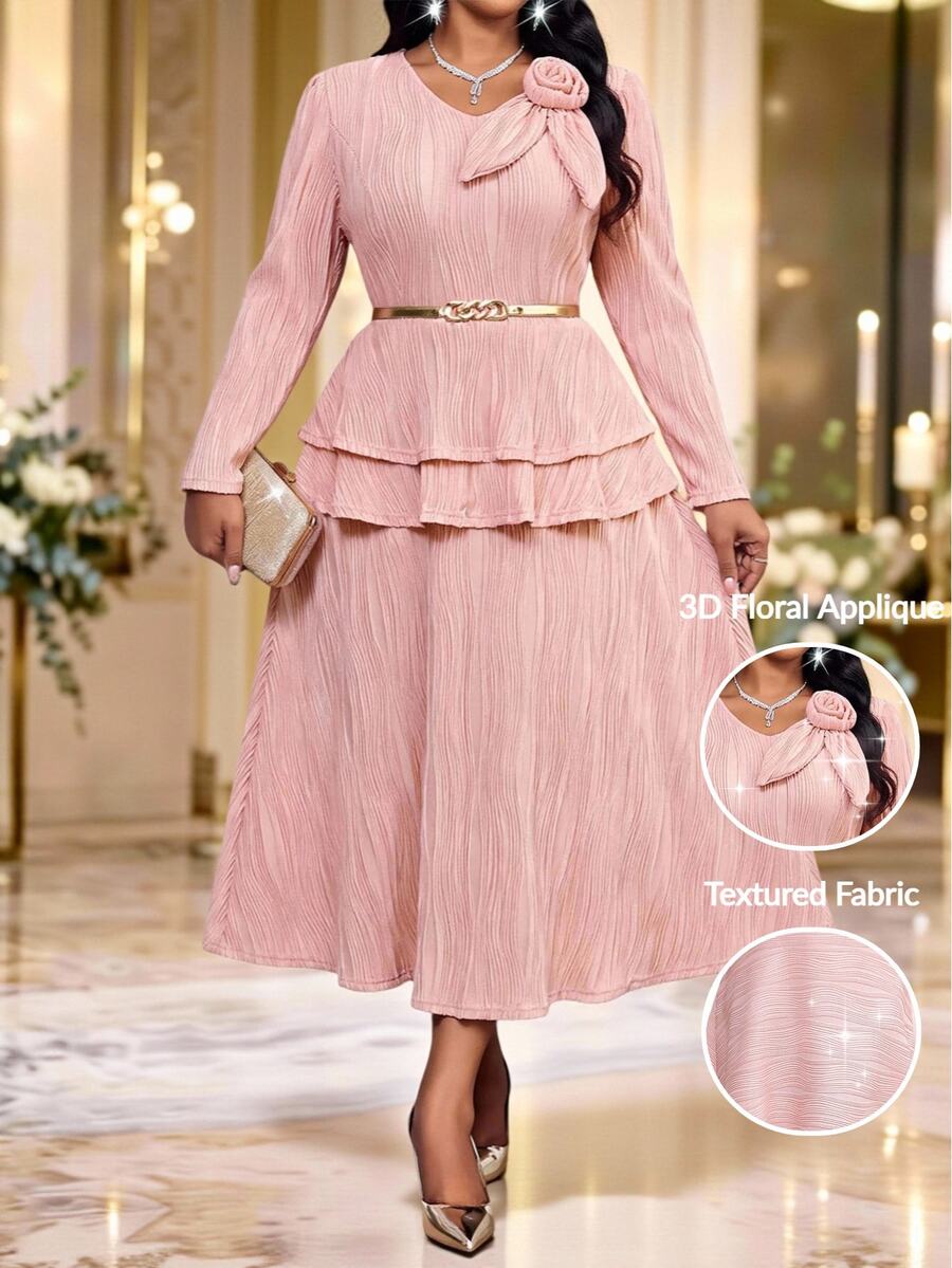 Fleurora Setelan 2 Potong Elegan untuk Wanita Ukuran Plus: Atasan Lengan Panjang dan Rok dengan Dekorasi Bunga 3D - Berwarna merah muda - View 1