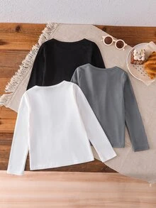 3pcs/Set Boys Black White Grey Casual Crew Neck Long Sleeve Undershirts Autumn Winter - Multicolor - View 3