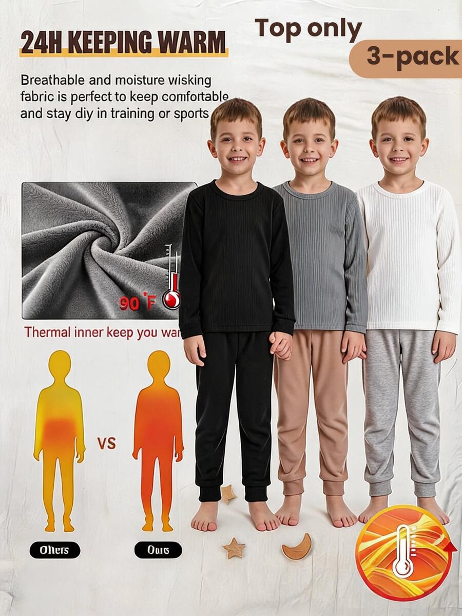 3pcs/Set Boys Black White Grey Casual Crew Neck Long Sleeve Undershirts Autumn Winter - Multicolor - View 1