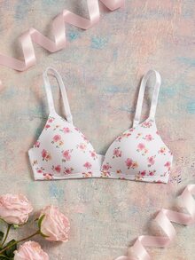 Elorette Triangle Bra With Cup Pads, Romantic Pastoral Floral Print, Full Body Print, Women's Lingerie - Pink - View 1
