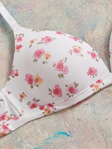 Elorette Triangle Bra With Cup Pads, Romantic Pastoral Floral Print, Full Body Print, Women's Lingerie - Pink - View 5