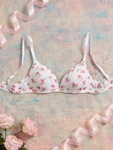 Elorette Triangle Bra With Cup Pads, Romantic Pastoral Floral Print, Full Body Print, Women's Lingerie - Pink - View 4