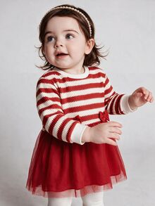 Souflis 1件幼童女嬰聖誕條紋長袖蝴蝶結裝飾網紗洋裝，抓絨內裡加厚秋冬羅紋針織上衣假兩件套裝 - 紅白色 - 查看 8