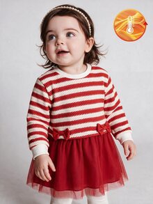 Souflis 1件幼童女嬰聖誕條紋長袖蝴蝶結裝飾網紗洋裝，抓絨內裡加厚秋冬羅紋針織上衣假兩件套裝 - 紅白色 - 查看 3