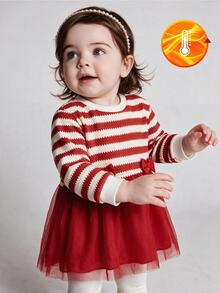 Souflis 1件幼童女嬰聖誕條紋長袖蝴蝶結裝飾網紗洋裝，抓絨內裡加厚秋冬羅紋針織上衣假兩件套裝 - 紅白色 - 查看 1
