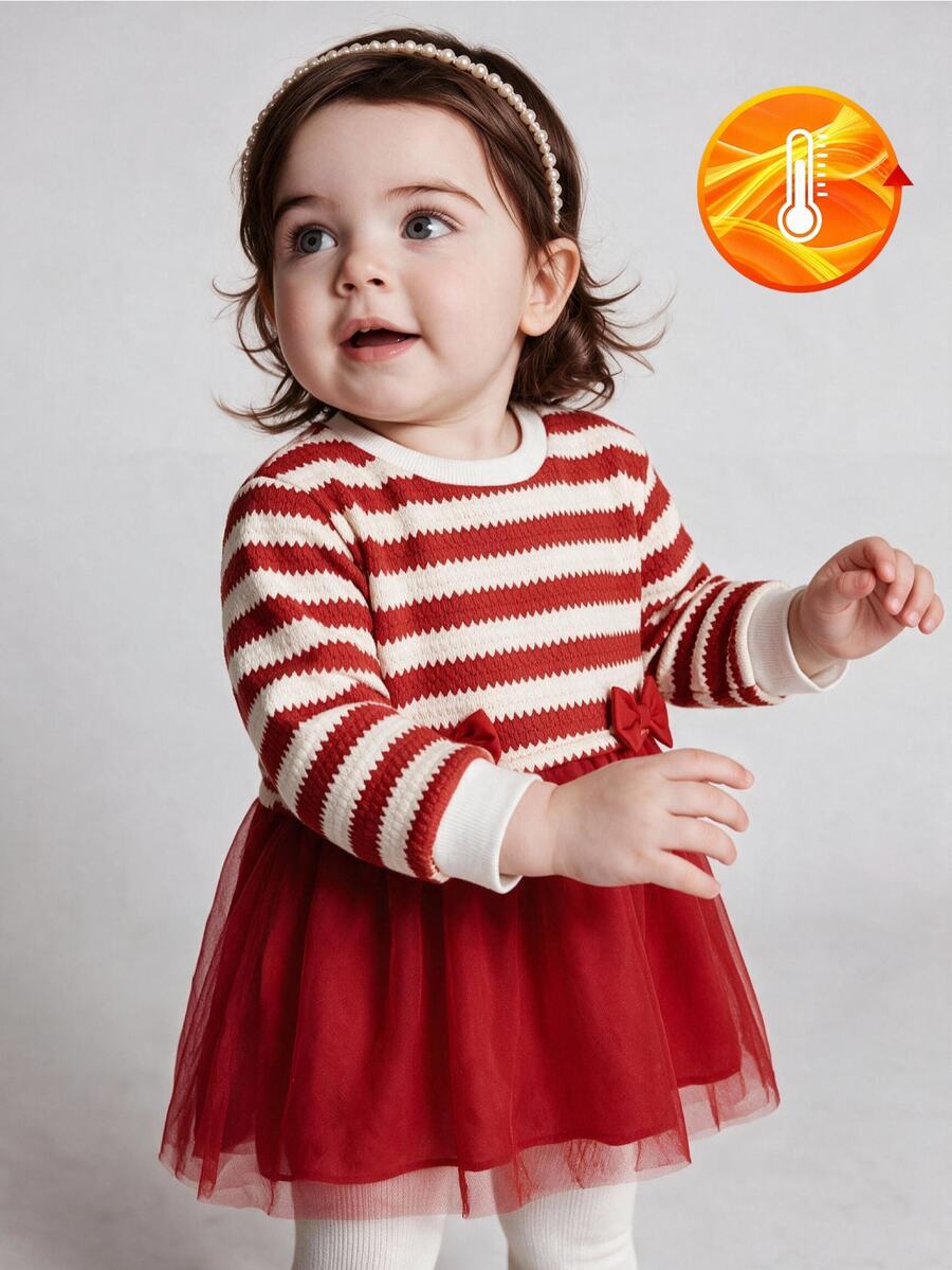 Souflis 1件幼童女嬰聖誕條紋長袖蝴蝶結裝飾網紗洋裝,抓絨內裡加厚秋冬羅紋針織上衣假兩件套裝 - 紅白色 - 查看 1