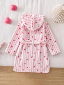 Young Girls Pajamas, New Autumn/Winter Thickened Fleece Flannel Pink Striped Heart Print Long Sleeve Hooded Loungewear, Warm Fuzzy Robe, 1pc - Pink - View 3
