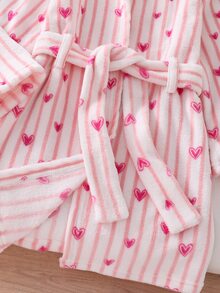 Young Girls Pajamas, New Autumn/Winter Thickened Fleece Flannel Pink Striped Heart Print Long Sleeve Hooded Loungewear, Warm Fuzzy Robe, 1pc - Pink - View 7