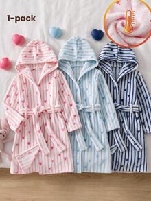 Young Girls Pajamas, New Autumn/Winter Thickened Fleece Flannel Pink Striped Heart Print Long Sleeve Hooded Loungewear, Warm Fuzzy Robe, 1pc - Pink - View 1