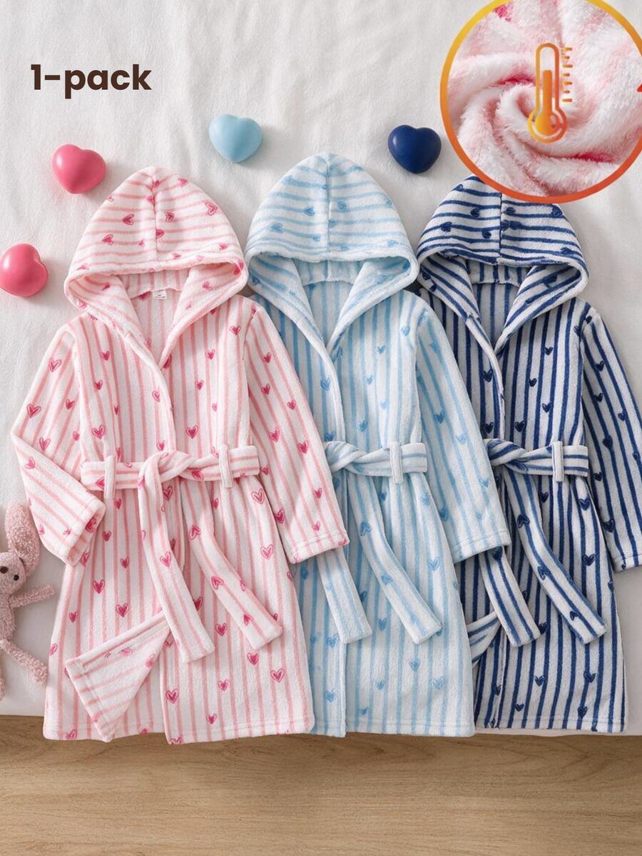 Young Girls Pajamas, New Autumn/Winter Thickened Fleece Flannel Pink Striped Heart Print Long Sleeve Hooded Loungewear, Warm Fuzzy Robe, 1pc - Pink - View 1
