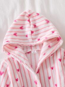 Young Girls Pajamas, New Autumn/Winter Thickened Fleece Flannel Pink Striped Heart Print Long Sleeve Hooded Loungewear, Warm Fuzzy Robe, 1pc - Pink - View 5