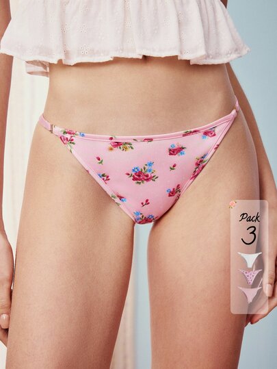 Elorette 3pcs Multi-Color All-Over Floral Print Comfortable Minimalist Romantic Sweet Women's Panties