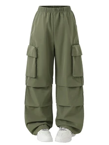 SHEIN 青少年女孩秋季純色休閒百搭日常穿著長褲，街頭風，秋冬套裝，返校穿搭，針織，寬鬆，工裝褲 - 軍綠色 - 查看 5
