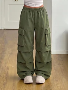 SHEIN 青少年女孩秋季純色休閒百搭日常穿著長褲，街頭風，秋冬套裝，返校穿搭，針織，寬鬆，工裝褲 - 軍綠色 - 查看 10