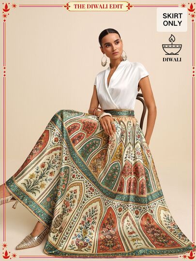 LOTSLUV Women's Early Autumn Elegant Commute, Light Khaki And Green Retro Print Midi Skirt,Skirts For Ladies,Vacation Outfits,Office Casual
