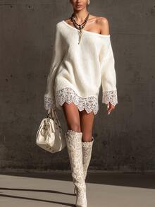 SHEIN Women's Lace Patchwork Asymmetric Neck Casual Everyday Long Sleeve Sweater - White - View 2