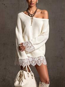 SHEIN Women's Lace Patchwork Asymmetric Neck Casual Everyday Long Sleeve Sweater - White - View 7