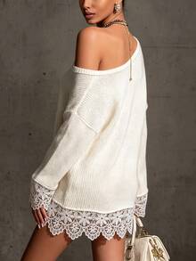 SHEIN Women's Lace Patchwork Asymmetric Neck Casual Everyday Long Sleeve Sweater - White - View 5