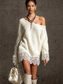 SHEIN Women's Lace Patchwork Asymmetric Neck Casual Everyday Long Sleeve Sweater - White - View 4